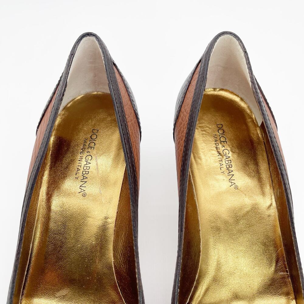 Dolce & Gabbana Vintage Brown Leather Fringe DG Chain Cap Toe Kitten Heels IT 40 - Picture 9 of 13